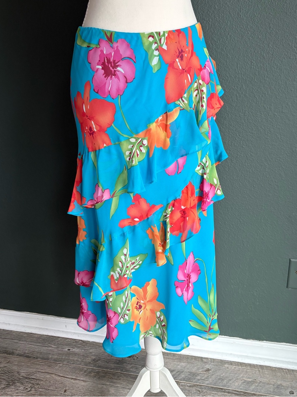 Chaps Floral Tiered Ruffle Maxi Skirt Blue Tropical Stretch Waist Size Large